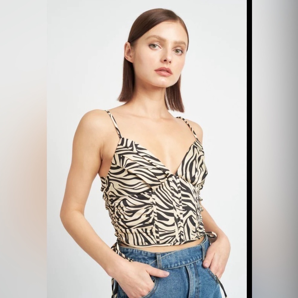 NWT Emory Park Size Small, Zebra Print Rouched Corset Top, Black and Taupe